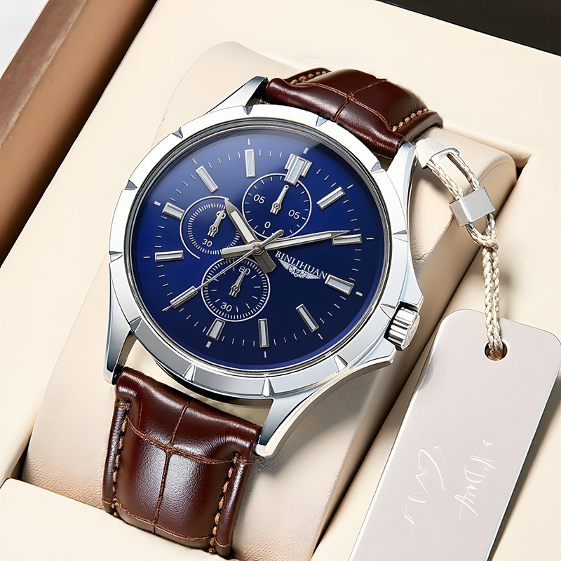 Leather Watch Band Men - ساعة يد رجالية كرونوغراف كوارتز، بشاشة